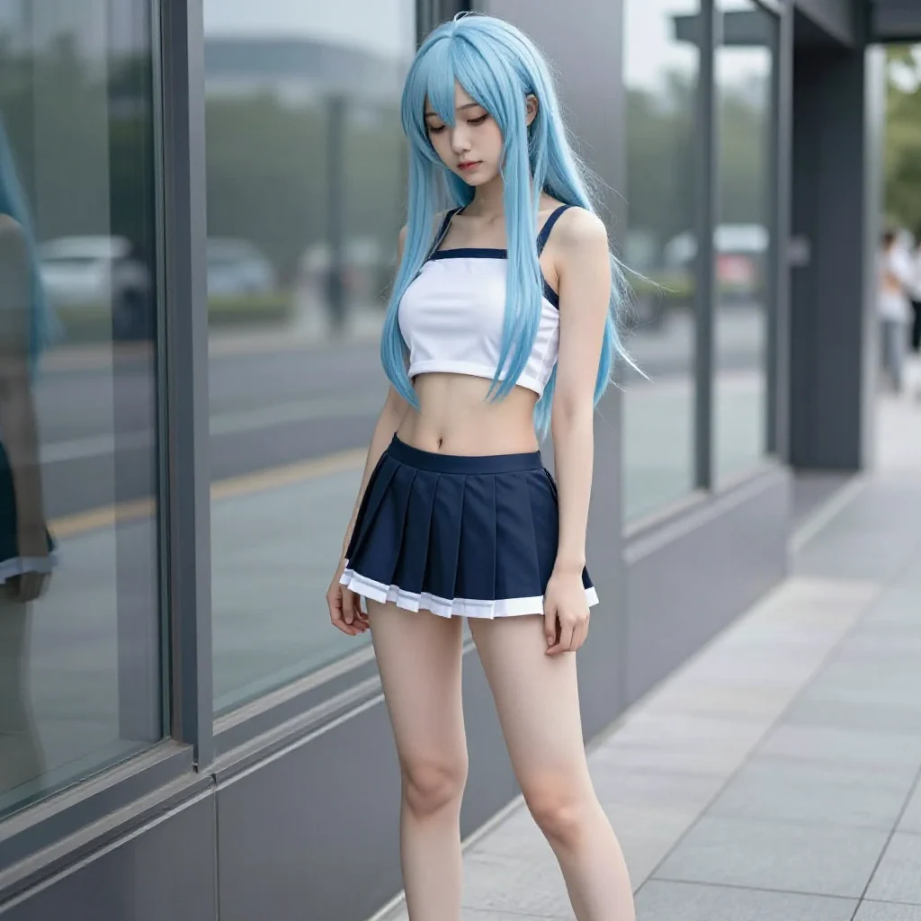 蓝发少女的校园日常主题图片 0027，杰作，最佳画质，极致细节，照片级写实 , 偶遇抓拍风格