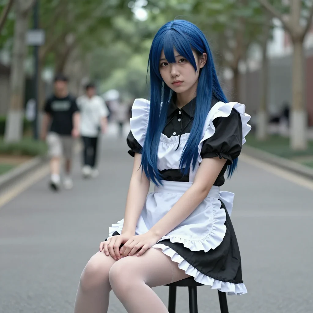 蓝发少女的校园日常主题图片 0207，杰作，最佳画质，极致细节，照片级写实 , 轻胶片漫展摄影风格