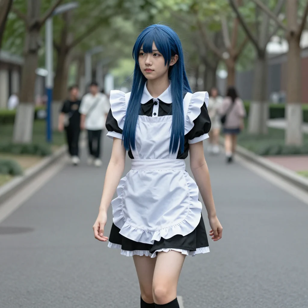 蓝发少女的校园日常主题图片 0209，杰作，最佳画质，极致细节，照片级写实 , 轻胶片漫展摄影风格