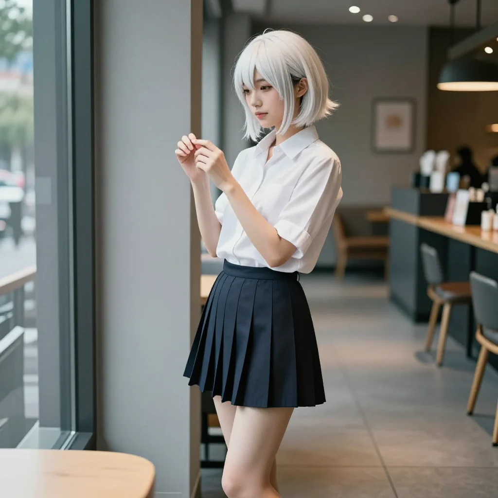 银发少女的咖啡馆时光主题图片 0304，杰作，最佳画质，极致细节，照片级写实 , 轻胶片漫展摄影风格