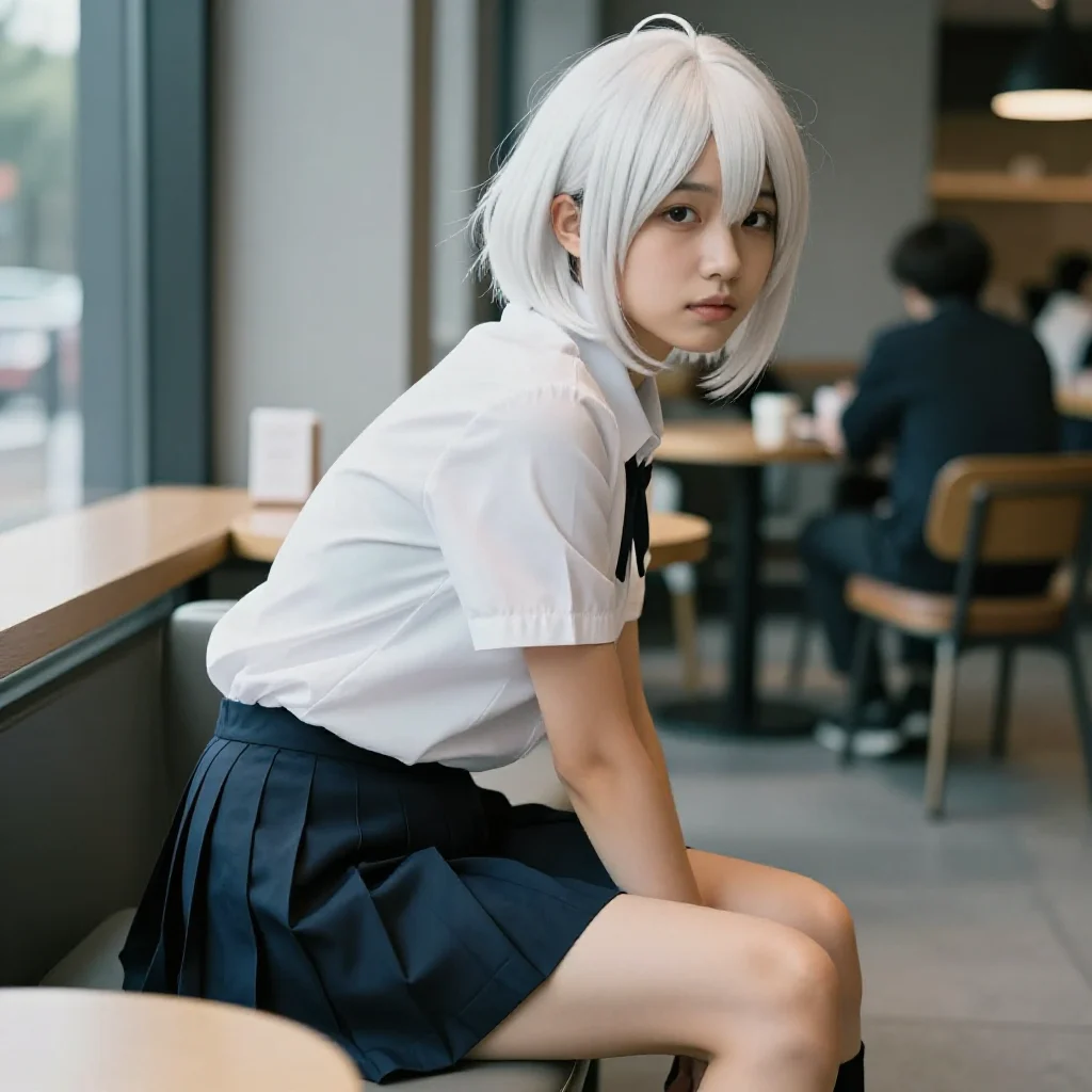 银发少女的咖啡馆时光主题图片 0306，杰作，最佳画质，极致细节，照片级写实 , 轻胶片漫展摄影风格