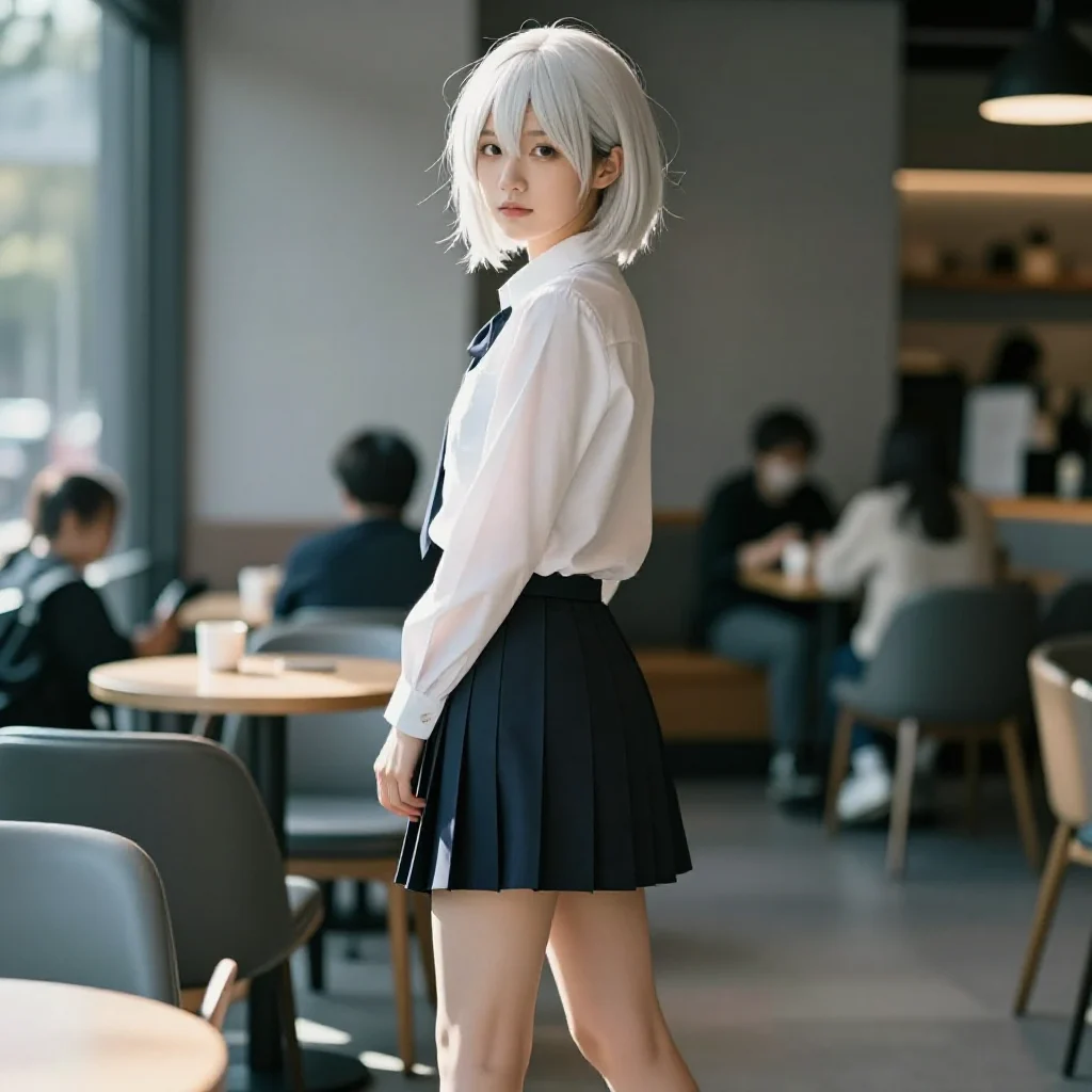 银发少女的咖啡馆时光主题图片 0307，杰作，最佳画质，极致细节，照片级写实 , 轻胶片漫展摄影风格