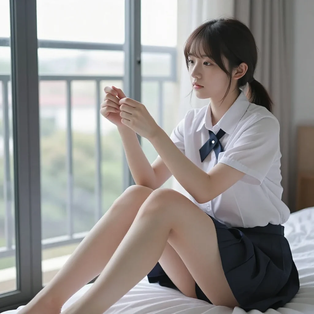 窗边的校服少女主題圖片 0352，杰作，最佳画质，极致细节，照片级写实 , 现场氛围感抓拍风格