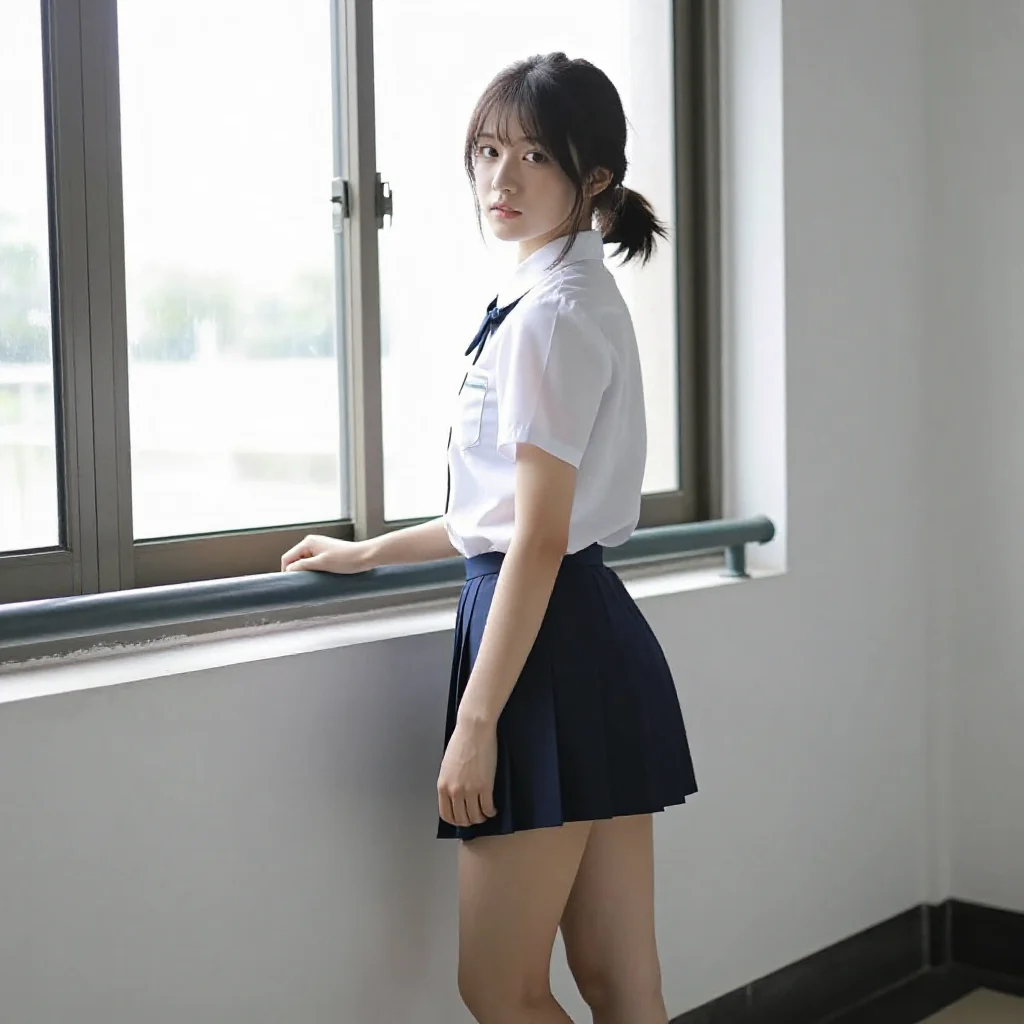 窗边的校服少女主題圖片 0354，杰作，最佳画质，极致细节，照片级写实 , 现场氛围感抓拍风格