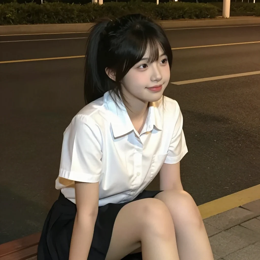 夜色下的校服少女主題圖片 0402，杰作，最佳画质，极致细节，照片级写实 , 清新角色私摄风格