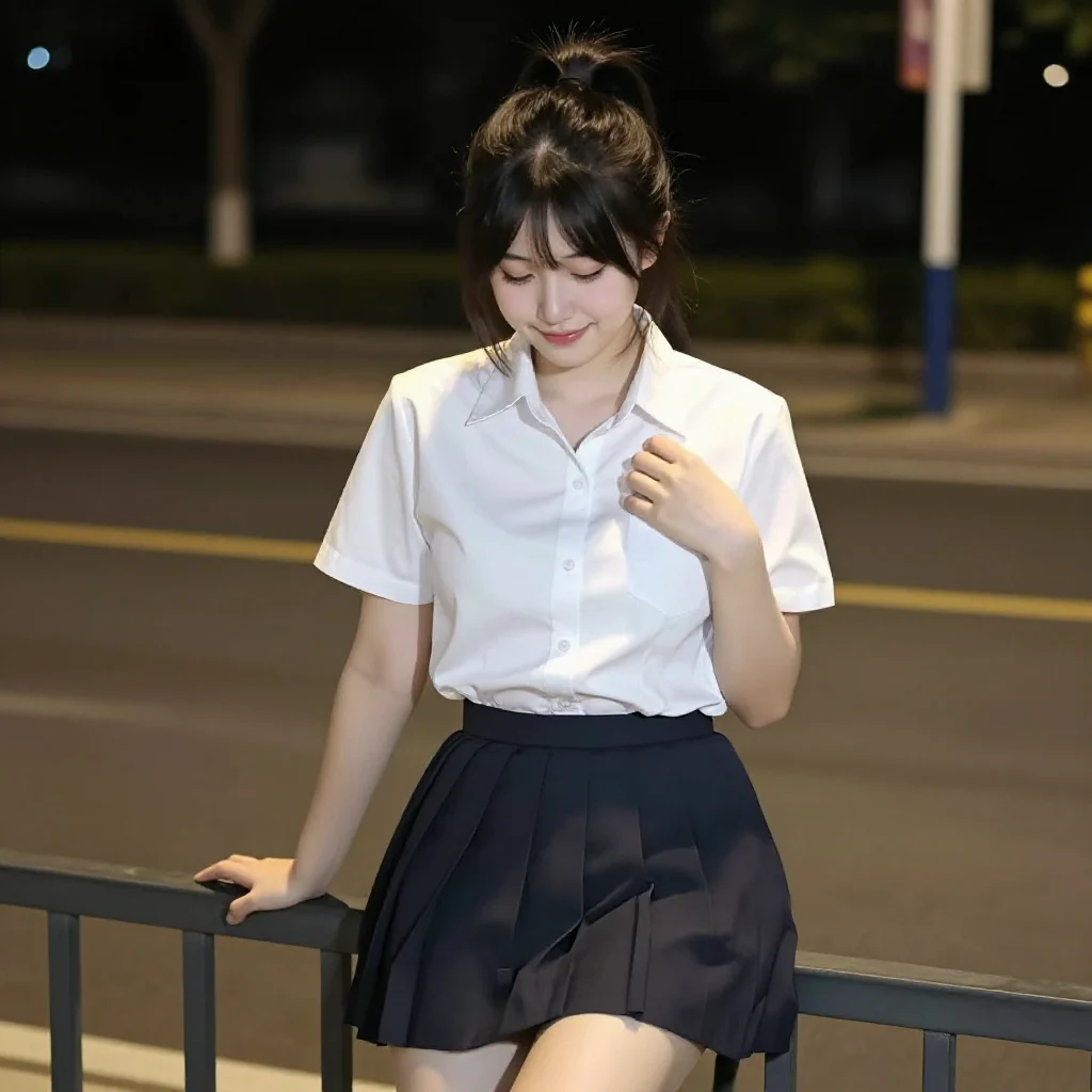 夜色下的校服少女主題圖片 0407，杰作，最佳画质，极致细节，照片级写实 , 清新角色私摄风格