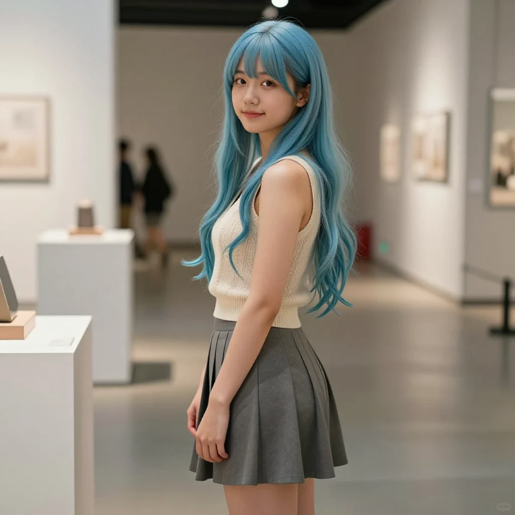 蓝发少女的美术馆时光主題圖片 0529，杰作，最佳画质，极致细节，照片级写实 , 电影感角色摄影风格