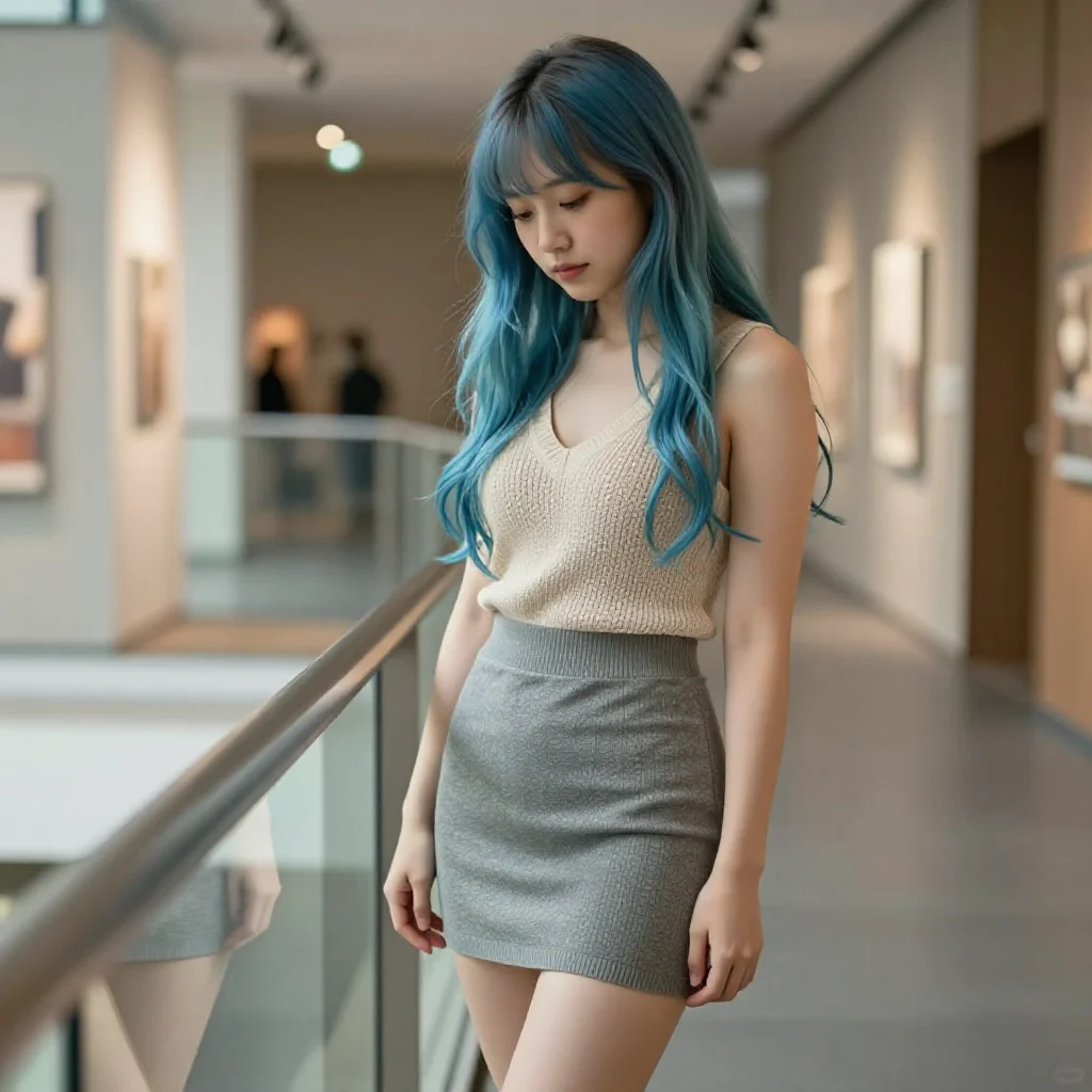 蓝发少女的美术馆时光主題圖片 0531，杰作，最佳画质，极致细节，照片级写实 , 电影感角色摄影风格