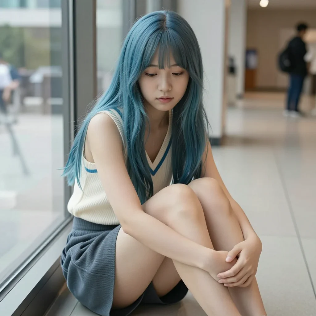 蓝发少女的美术馆时光主題圖片 0534，杰作，最佳画质，极致细节，照片级写实 , 电影感角色摄影风格