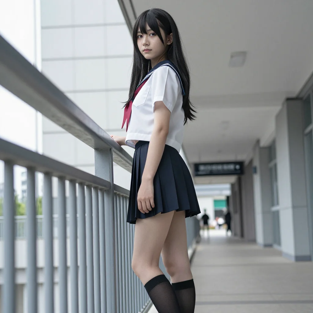 楼梯上的校服少女主題圖片 0540，杰作，最佳画质，极致细节，照片级写实 , 日系动漫角色写真风格