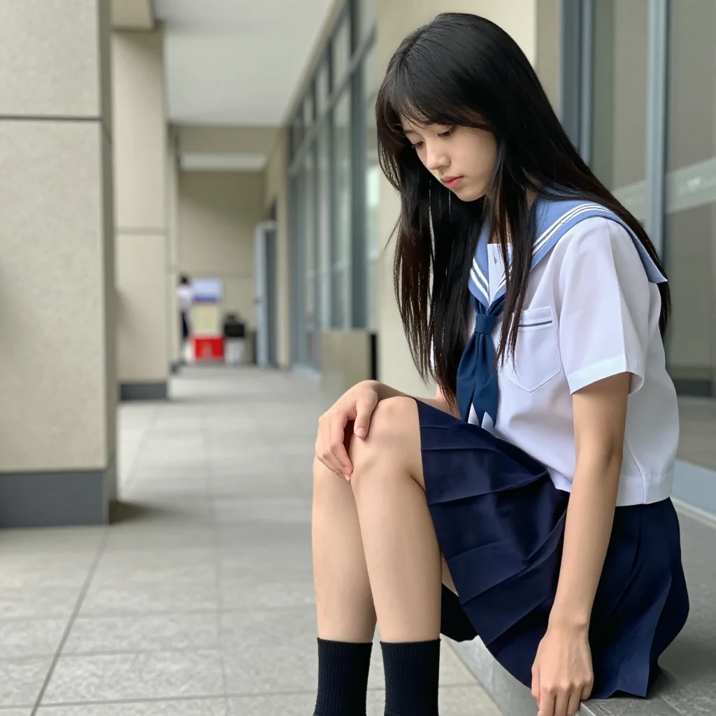 楼梯上的校服少女主題圖片 0542，杰作，最佳画质，极致细节，照片级写实 , 日系动漫角色写真风格