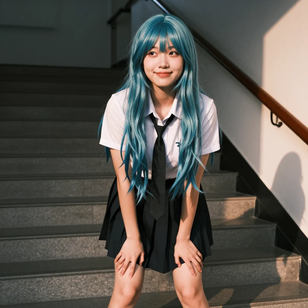 蓝发少女的校园午后主题图片 0543，杰作，最佳画质，极致细节，照片级写实 , 轻胶片漫展摄影风格