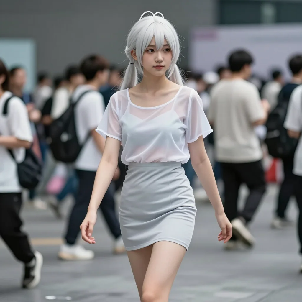 银发少女的校园漫步主題圖片 0561，杰作，最佳画质，极致细节，照片级写实 , 轻纪实二次元人像风格