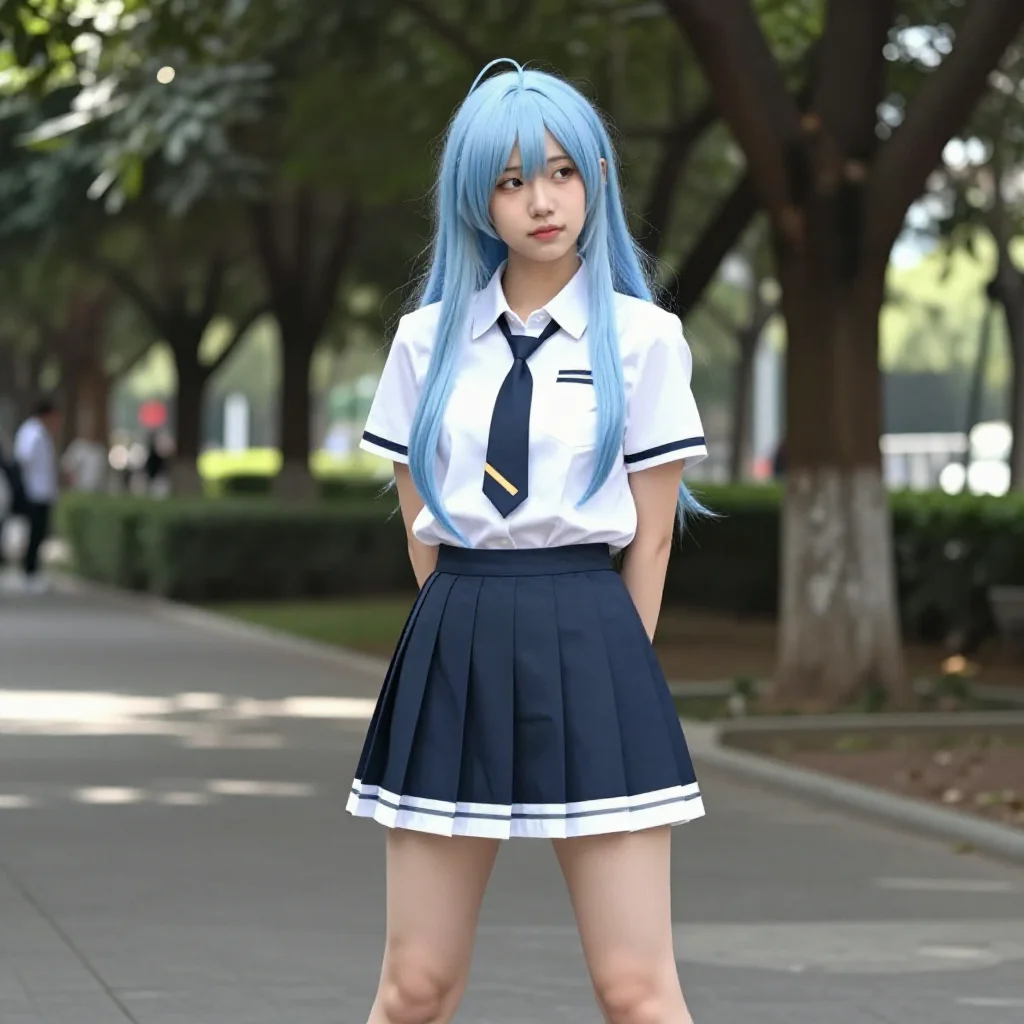 蓝发学姐的午后主題圖片 0745，杰作，最佳画质，极致细节，照片级写实 , 展馆自然光写真风格