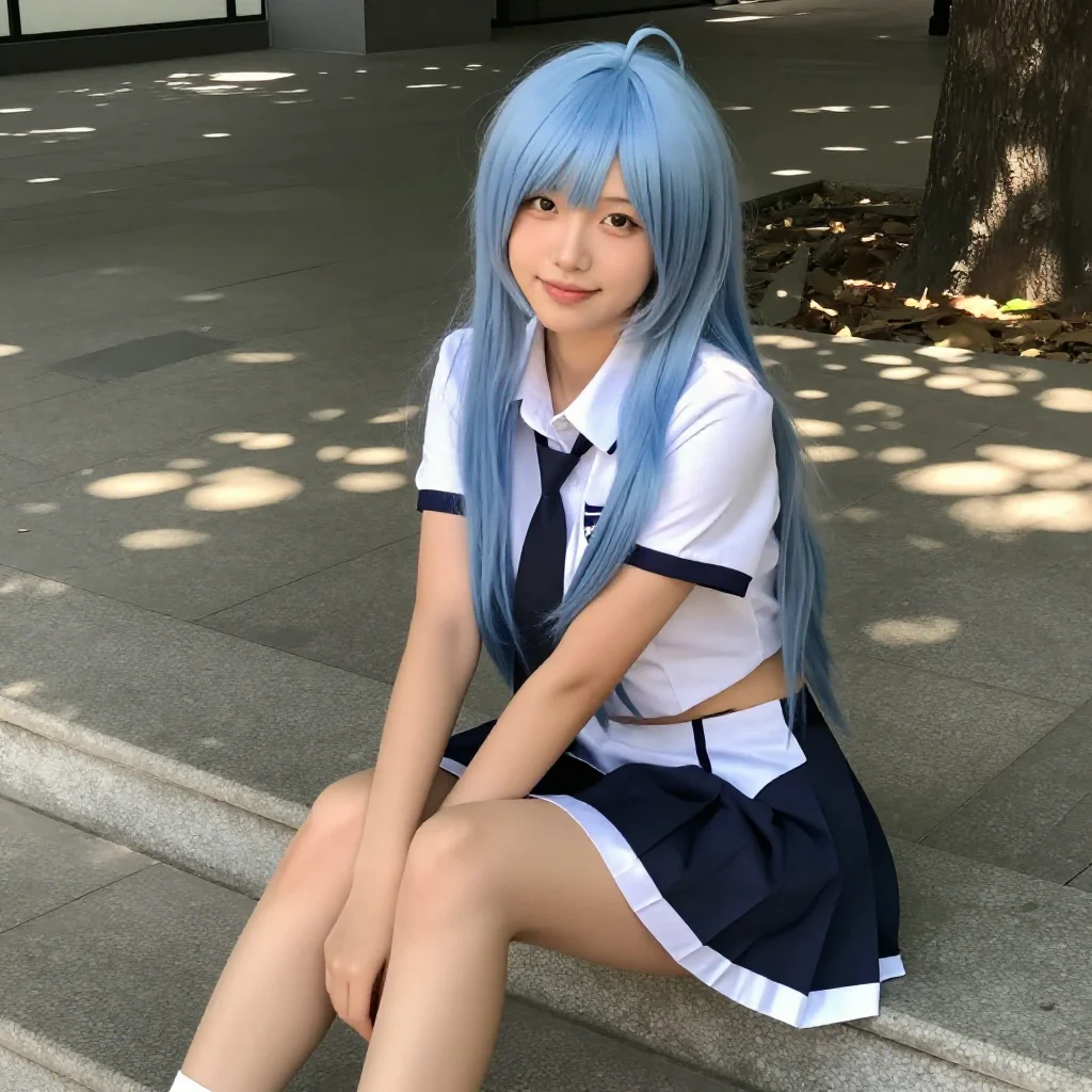 蓝发学姐的午后主題圖片 0747，杰作，最佳画质，极致细节，照片级写实 , 展馆自然光写真风格