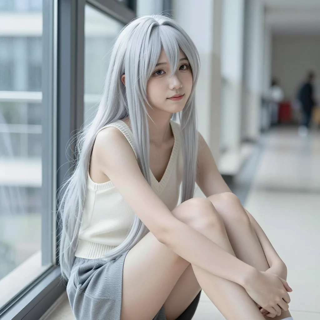 银发少女的走廊时光主题图片 0787，杰作，最佳画质，极致细节，照片级写实 , 清透漫展人像风格