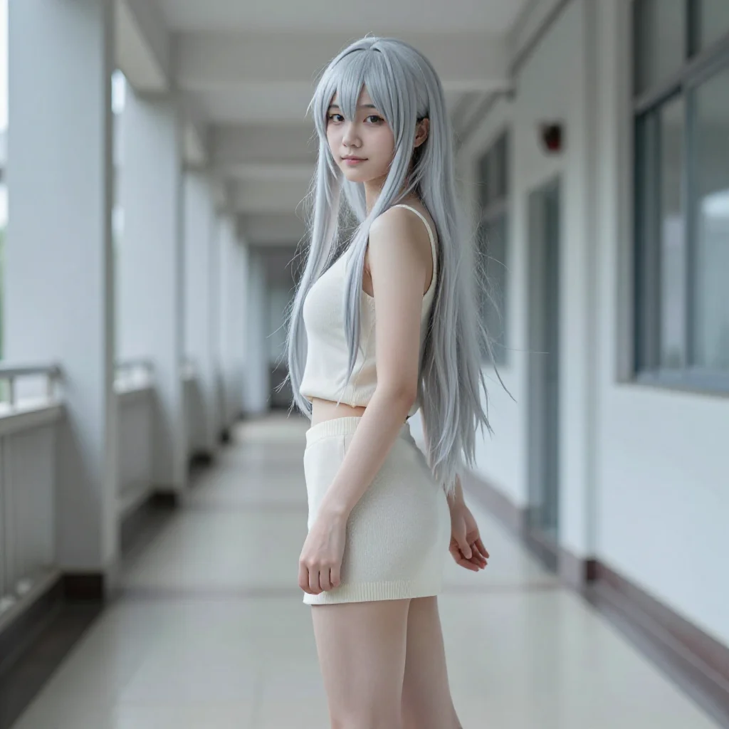 银发少女的走廊时光主题图片 0788，杰作，最佳画质，极致细节，照片级写实 , 清透漫展人像风格