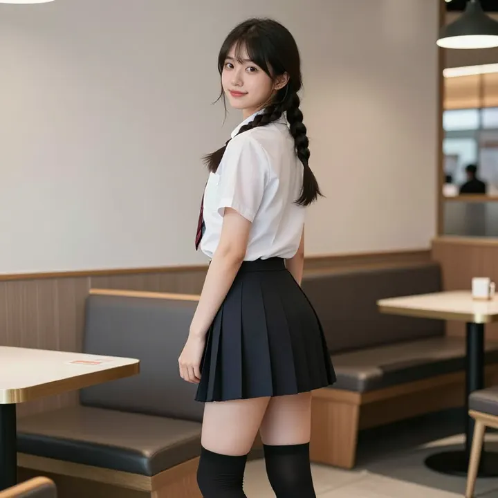 咖啡馆里的校服少女主题图片 0111，杰作，最佳画质，极致细节，照片级写实 , 高细节服装展示风格