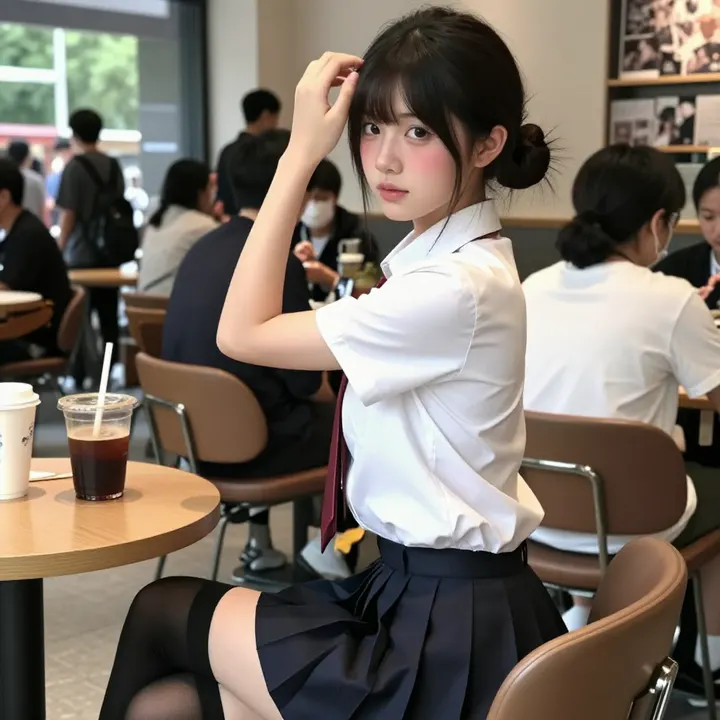 咖啡馆里的校服少女主题图片 0125，杰作，最佳画质，极致细节，照片级写实 , 动漫展抓拍风格