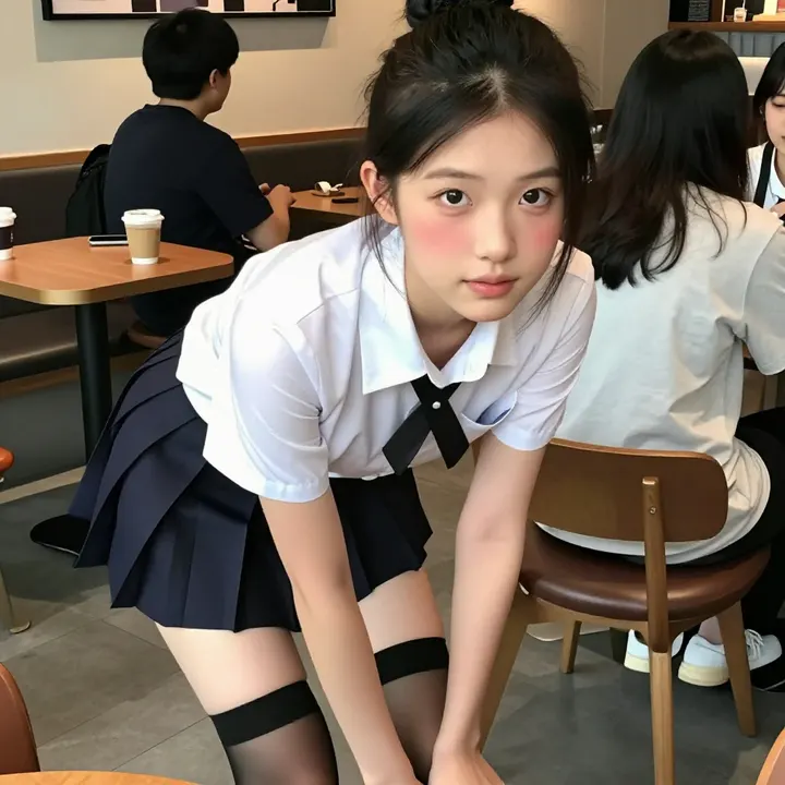 咖啡馆里的校服少女主题图片 0128，杰作，最佳画质，极致细节，照片级写实 , 动漫展抓拍风格