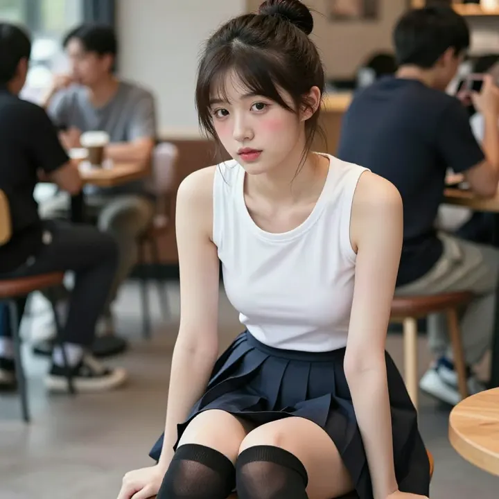 咖啡馆里的校服少女主题图片 0129，杰作，最佳画质，极致细节，照片级写实 , 动漫展抓拍风格