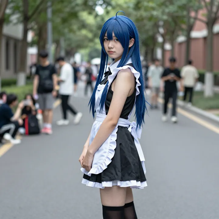 蓝发少女的校园日常主题图片 0205，杰作，最佳画质，极致细节，照片级写实 , 轻胶片漫展摄影风格