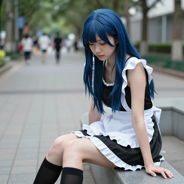 蓝发少女的校园日常主题图片 0206，杰作，最佳画质，极致细节，照片级写实 , 轻胶片漫展摄影风格
