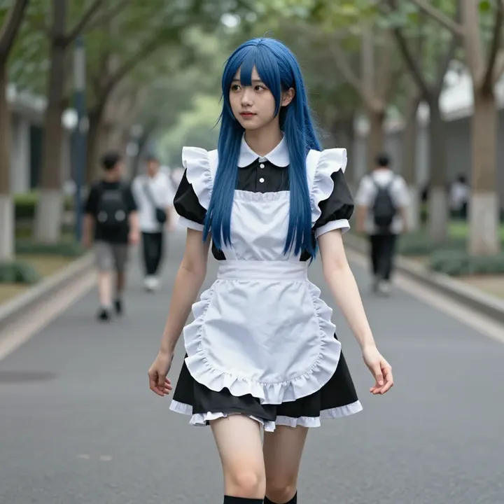 蓝发少女的校园日常主题图片 0208，杰作，最佳画质，极致细节，照片级写实 , 轻胶片漫展摄影风格