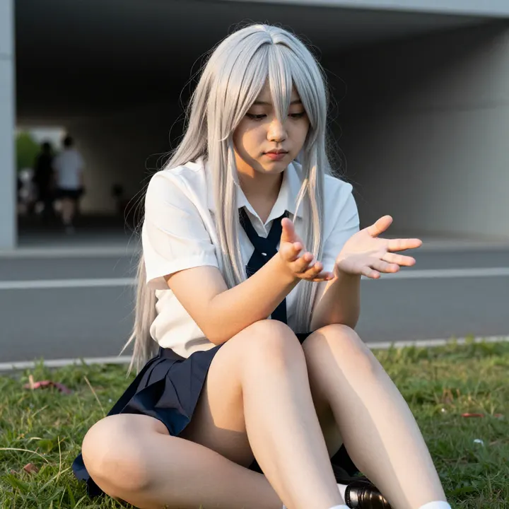 银发少女的校园日常主题图片 0258，杰作，最佳画质，极致细节，照片级写实 , 动漫展抓拍风格