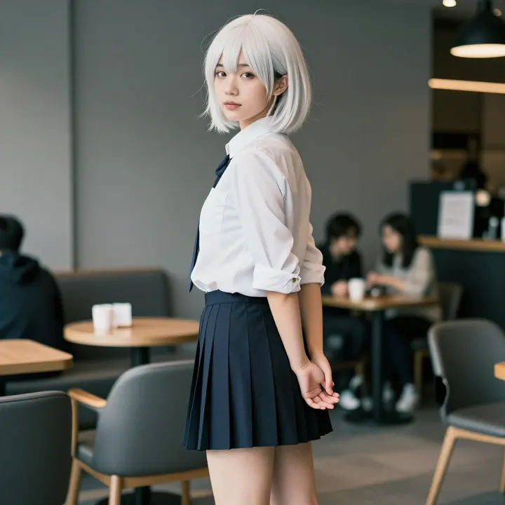 银发少女的咖啡馆时光主题图片 0302，杰作，最佳画质，极致细节，照片级写实 , 轻胶片漫展摄影风格