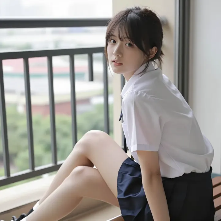 窗边的校服少女主題圖片 0351，杰作，最佳画质，极致细节，照片级写实 , 现场氛围感抓拍风格