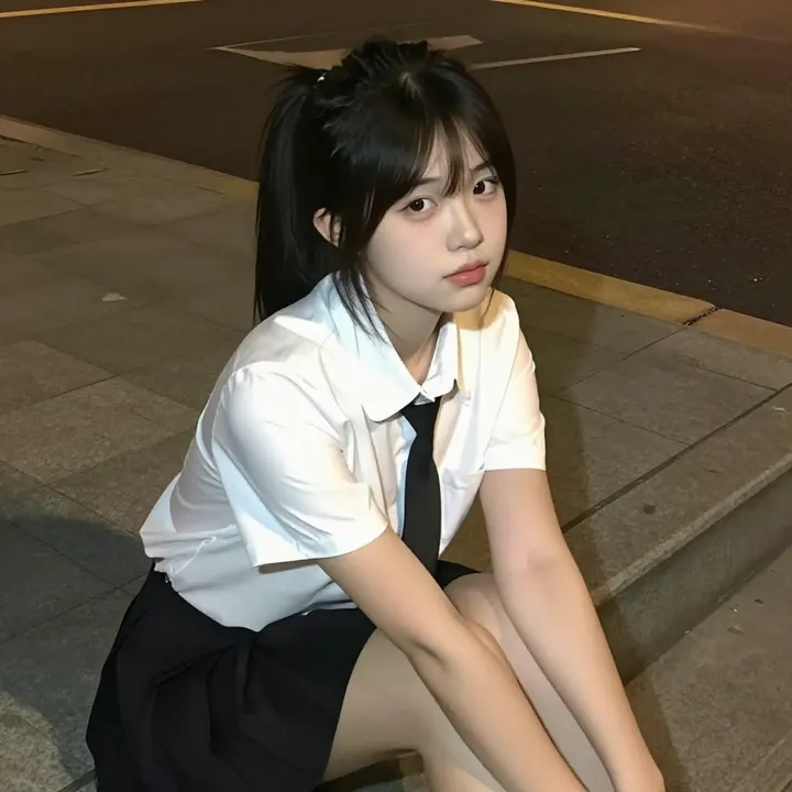 夜色下的校服少女主題圖片 0401，杰作，最佳画质，极致细节，照片级写实 , 清新角色私摄风格