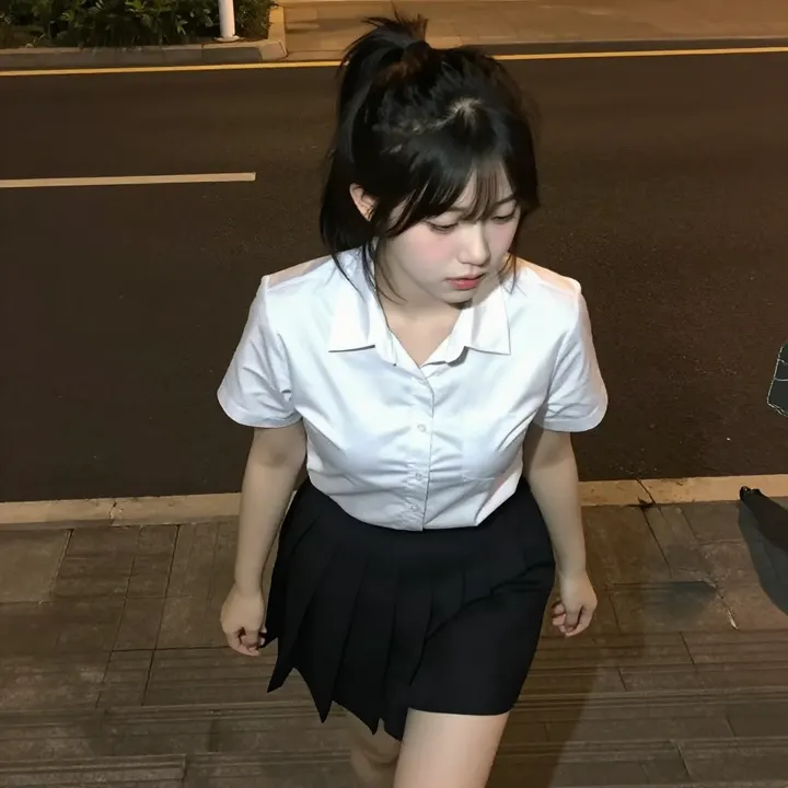 夜色下的校服少女主題圖片 0403，杰作，最佳画质，极致细节，照片级写实 , 清新角色私摄风格