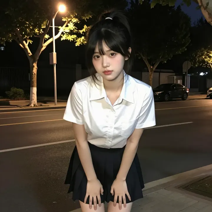 夜色下的校服少女主題圖片 0405，杰作，最佳画质，极致细节，照片级写实 , 清新角色私摄风格