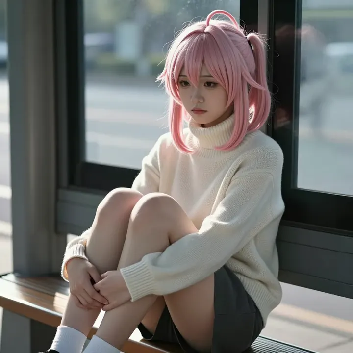 今日份粉发少女写真主題圖片 0461，杰作，最佳画质，极致细节，照片级写实 , 文艺安静氛围风格