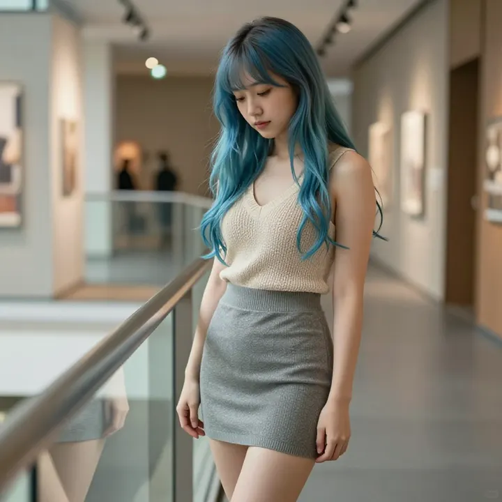 蓝发少女的美术馆时光主題圖片 0531，杰作，最佳画质，极致细节，照片级写实 , 电影感角色摄影风格