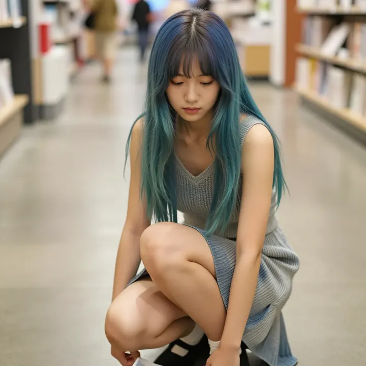 蓝发少女的美术馆时光主題圖片 0533，杰作，最佳画质，极致细节，照片级写实 , 电影感角色摄影风格