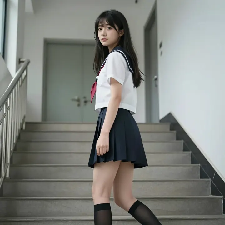 楼梯上的校服少女主題圖片 0535，杰作，最佳画质，极致细节，照片级写实 , 日系动漫角色写真风格