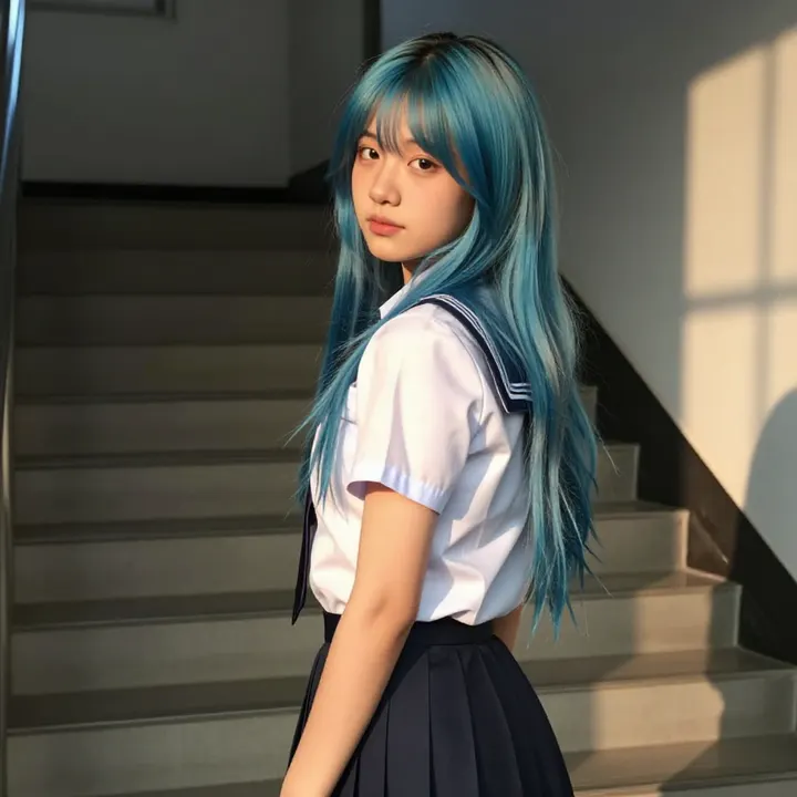 蓝发少女的校园午后主題圖片 0546，杰作，最佳画质，极致细节，照片级写实 , 轻胶片漫展摄影风格