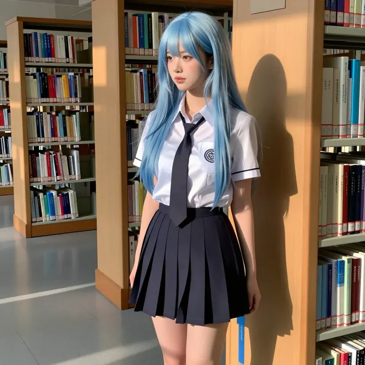图书馆里的蓝发学姐主題圖片 0610，杰作，最佳画质，极致细节，照片级写实 , 展馆自然光写真风格