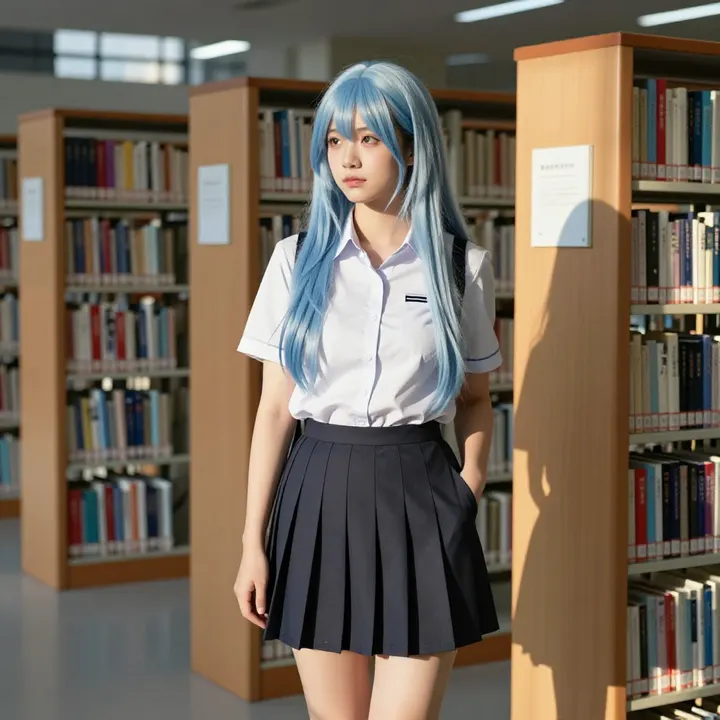 图书馆里的蓝发学姐主題圖片 0611，杰作，最佳画质，极致细节，照片级写实 , 展馆自然光写真风格