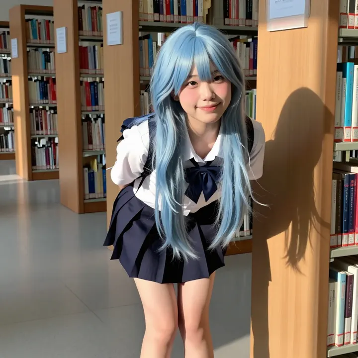 图书馆里的蓝发学姐主題圖片 0612，杰作，最佳画质，极致细节，照片级写实 , 展馆自然光写真风格