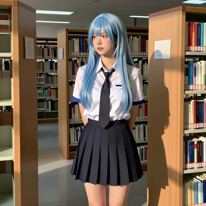 图书馆里的蓝发学姐主題圖片 0613，杰作，最佳画质，极致细节，照片级写实 , 展馆自然光写真风格