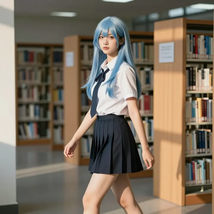 图书馆里的蓝发学姐主題圖片 0614，杰作，最佳画质，极致细节，照片级写实 , 展馆自然光写真风格