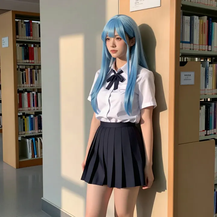 图书馆里的蓝发学姐主題圖片 0615，杰作，最佳画质，极致细节，照片级写实 , 展馆自然光写真风格