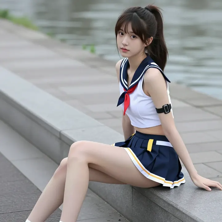 水边的制服少女主題圖片 0696，杰作，最佳画质，极致细节，照片级写实 , 路人视角摄影风格