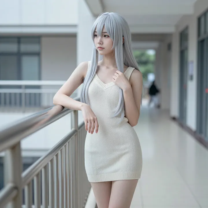 银发少女的走廊时光主题图片 0789，杰作，最佳画质，极致细节，照片级写实 , 清透漫展人像风格